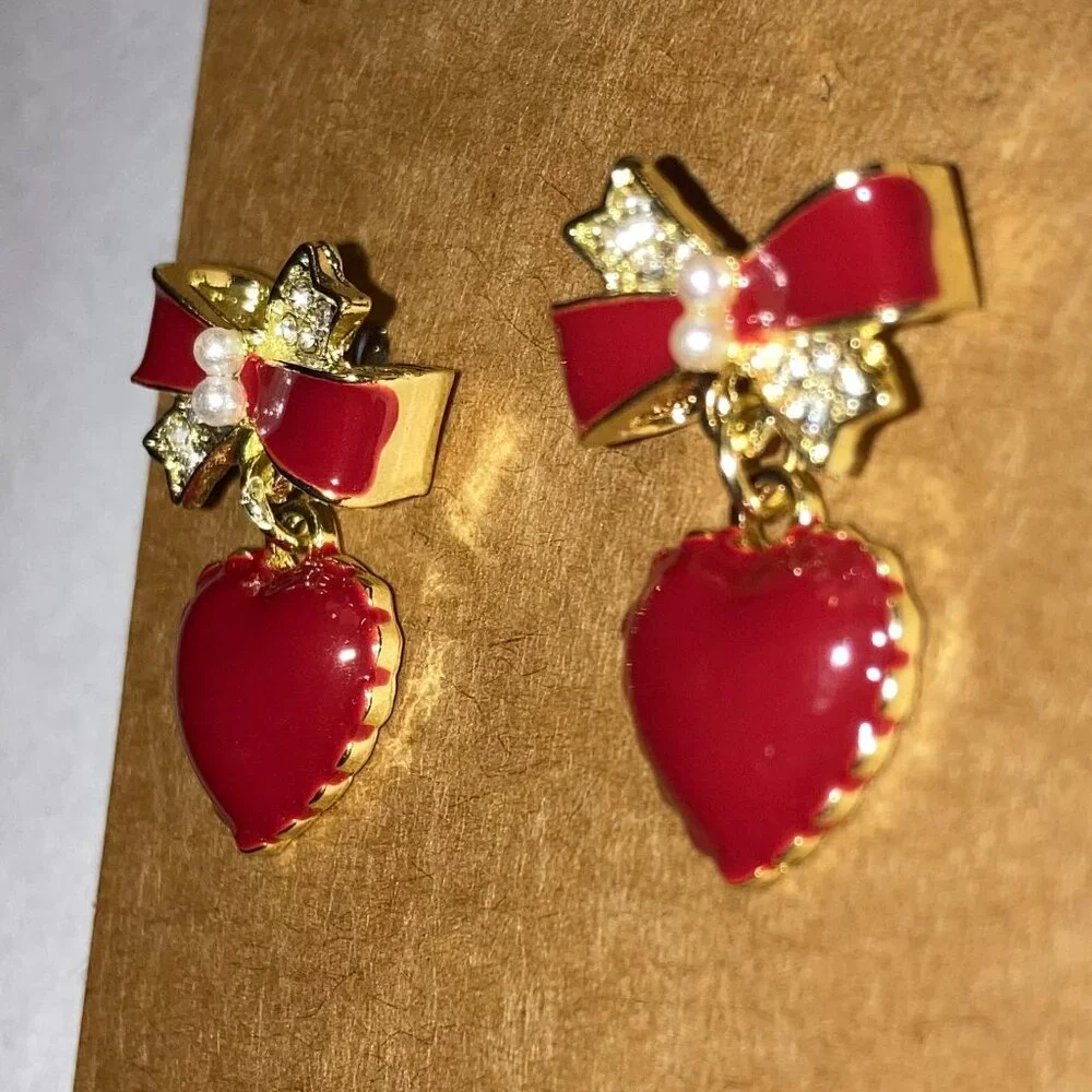 Red Bow Heart Pearl Stud Earrings Whimsy Coquette Kawaii Cocktail Love Jewelry